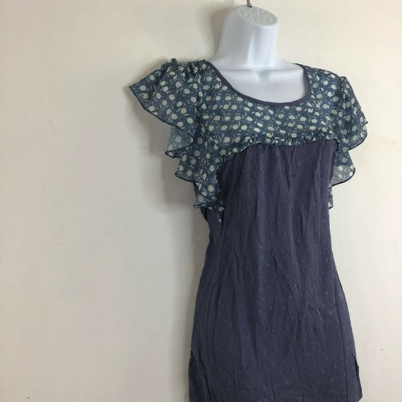 Suzanne Betro Weekend Womens Navy Floral Ruffle Sleeve Round Neck Blouse Size XL - Picture 3 of 11